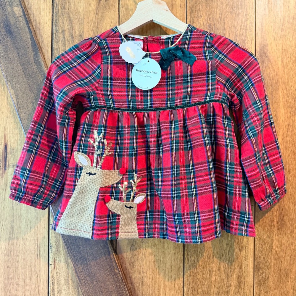 Mud Pie Kids 4T Red Tartan Reindeer Tunic Plaid Holiday Christmas Sequin Top NWT
